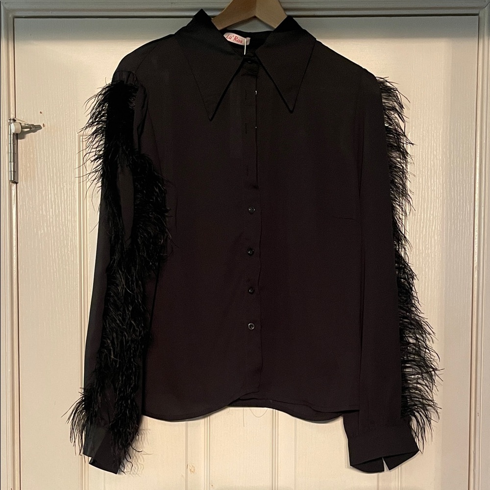 Chic Black Feather-Accent Women's Button Down Shirt